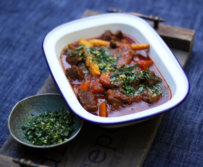 Rich beef stew with winter vegetables